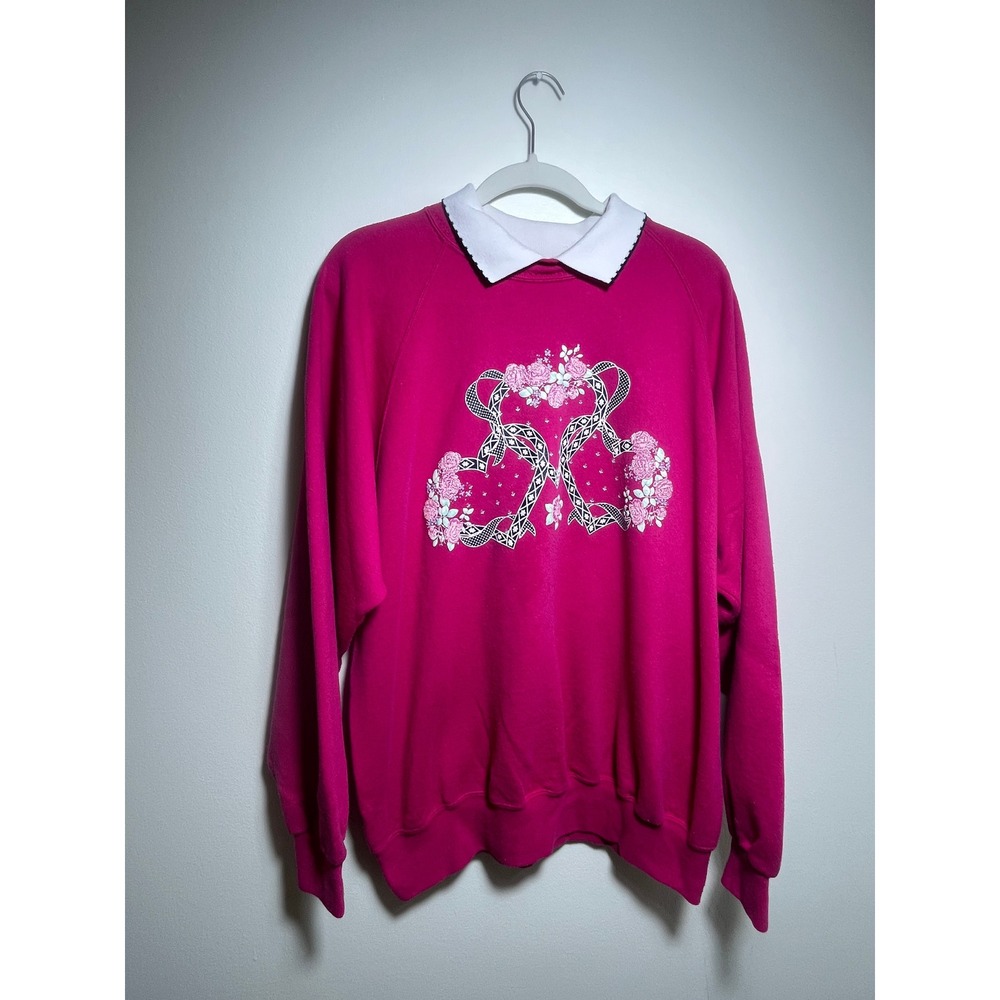 Vintage Santee Sweats Magenta Pink Floral Heart Collar Sweatshirt Made in USA